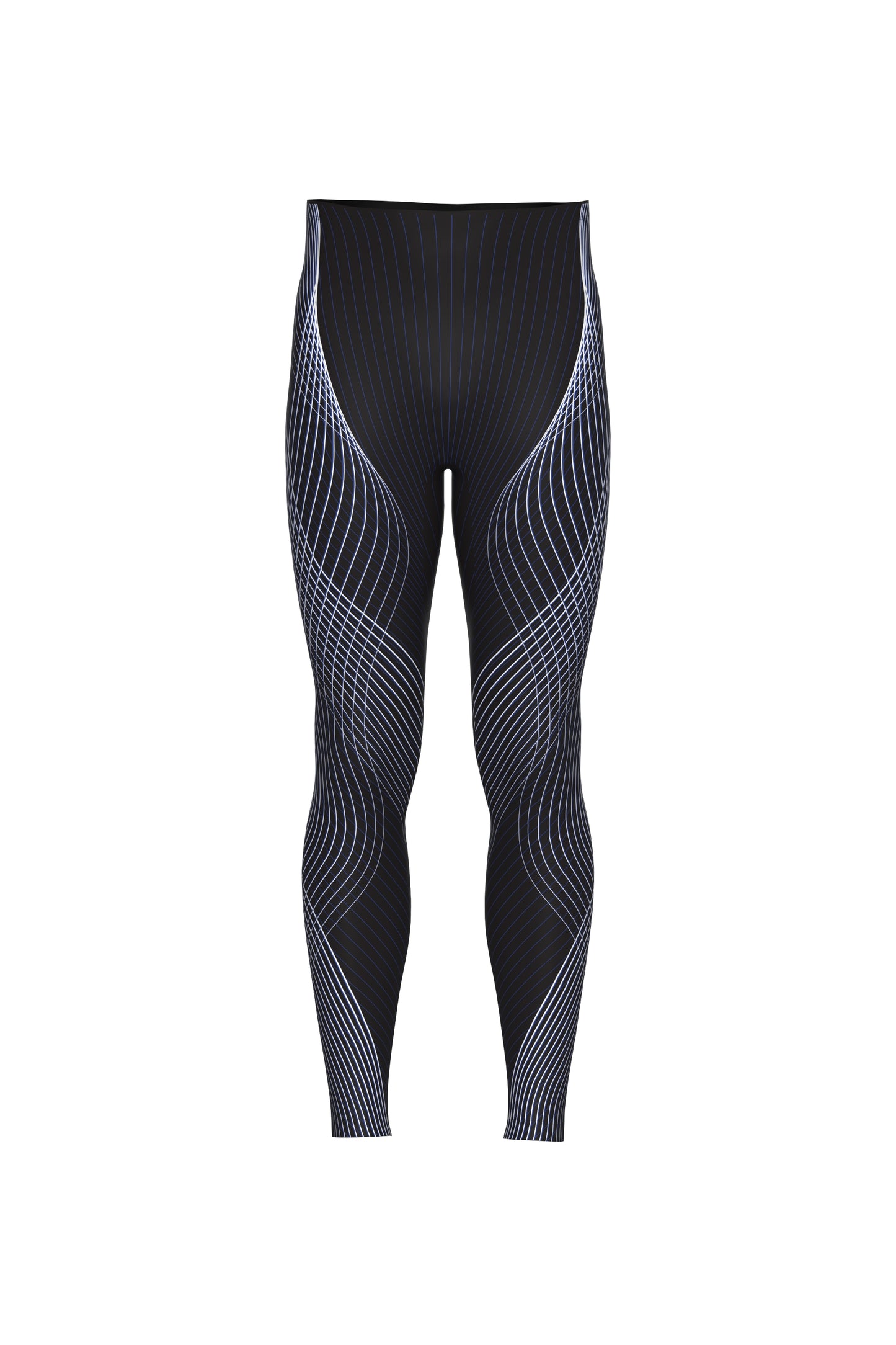 Black Flux Tights front view - digitally printed white/blue wave pattern on buttery-soft compression fabric, with a sculpting high-rise waistband.