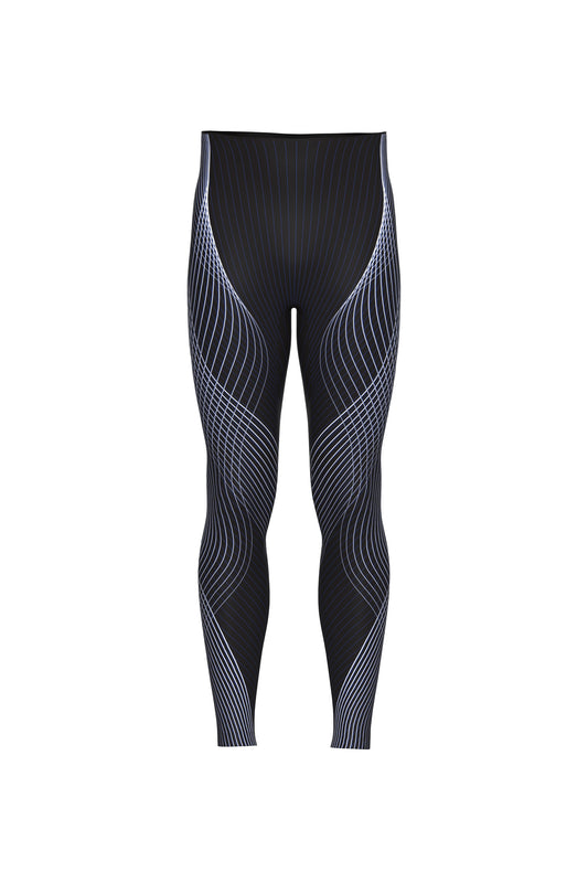 Black Flux Tights front view - digitally printed white/blue wave pattern on buttery-soft compression fabric, with a sculpting high-rise waistband.