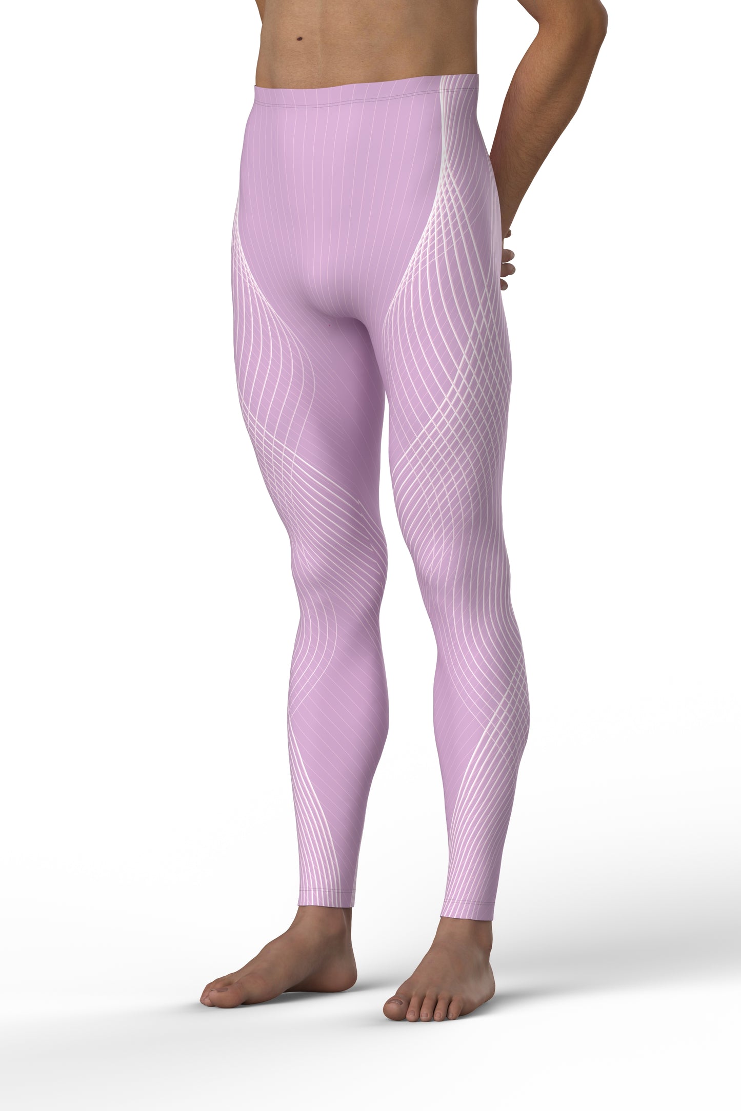 The image shows a person wearing a pair of Keto Dancewear, Flux, high-waisted, form-fitting lilac leggings with a white geometric pattern. The leggings extend from the waist to the ankles and are displayed against a plain background.
