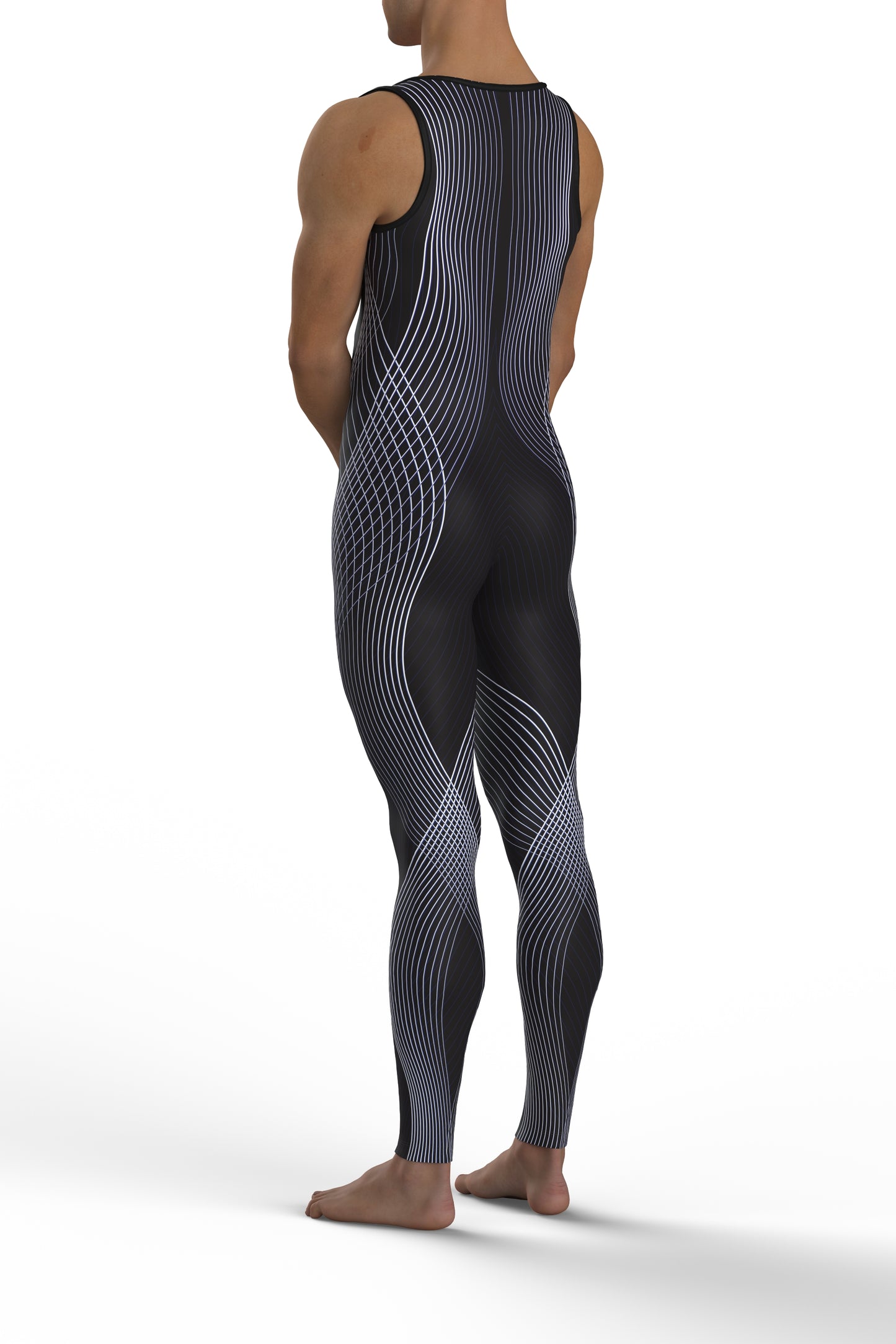 The image shows a person wearing a Keto Dancewear, Frequency, black sleeveless bodysuit with a white line work pattern, standing against a white background. The bodysuit is form-fitting and covers the entire body from the neck to the ankles.
