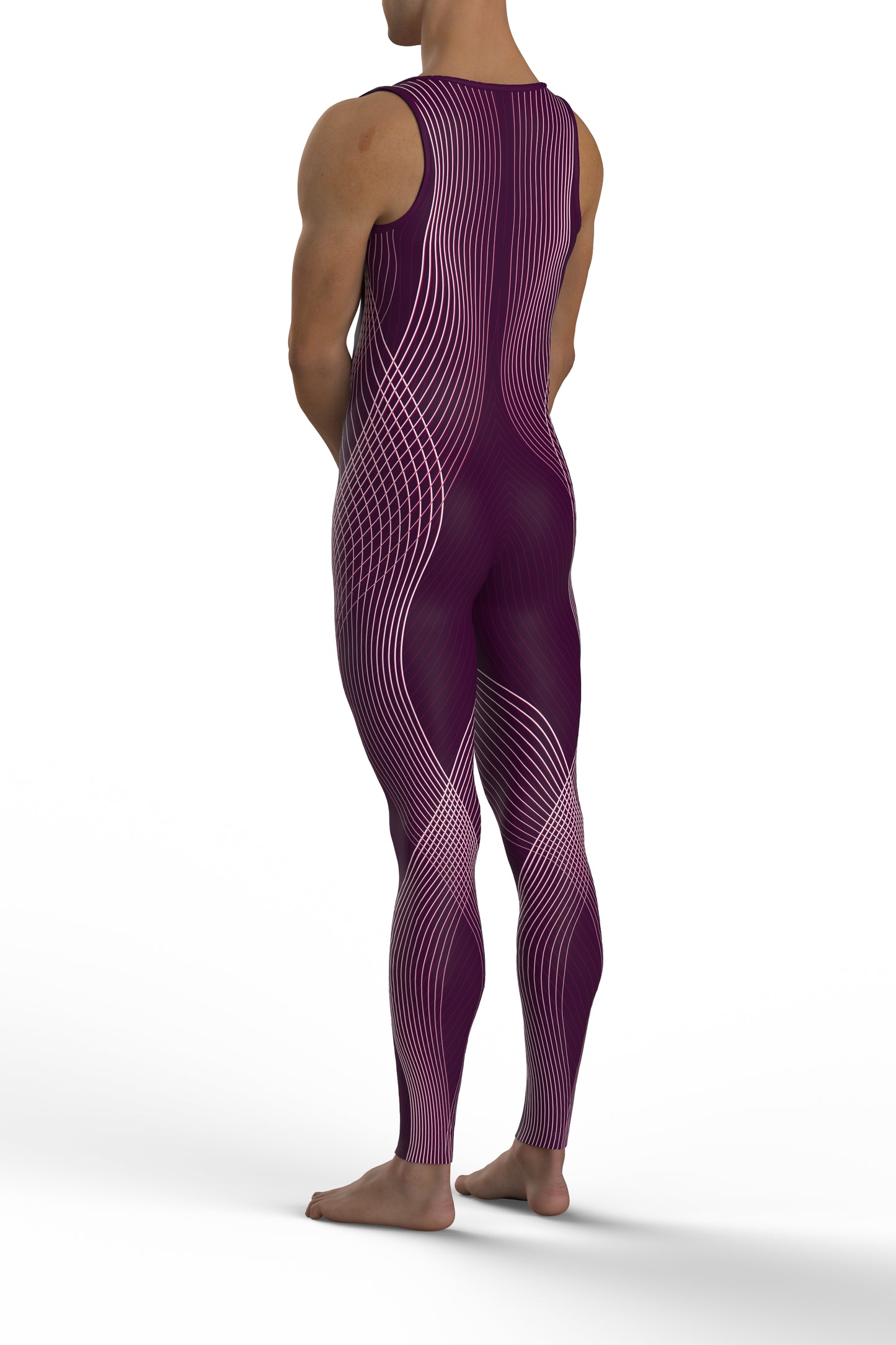 The image shows a person wearing a Keto Dancewear, Frequency, sleeveless, form-fitting, full-body suit with a line wave pattern in a deep purple colour. The suit covers the entire body from the neck to the ankles.