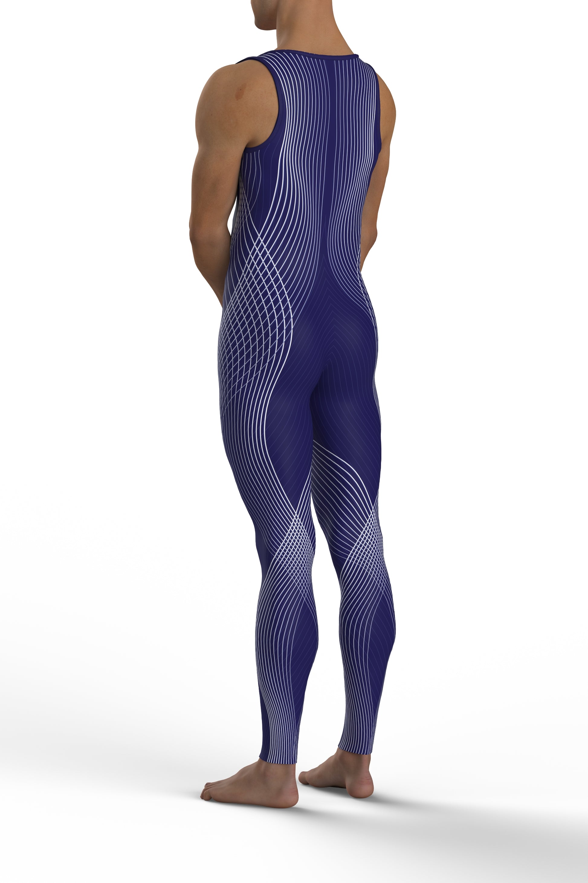 The image shows a person wearing a Keto Dancewear, Frequency, sleeveless, full-length bodysuit with a pattern of intersecting white lines on a navy blue background. The suit covers the entire body from the neck down to the ankles.