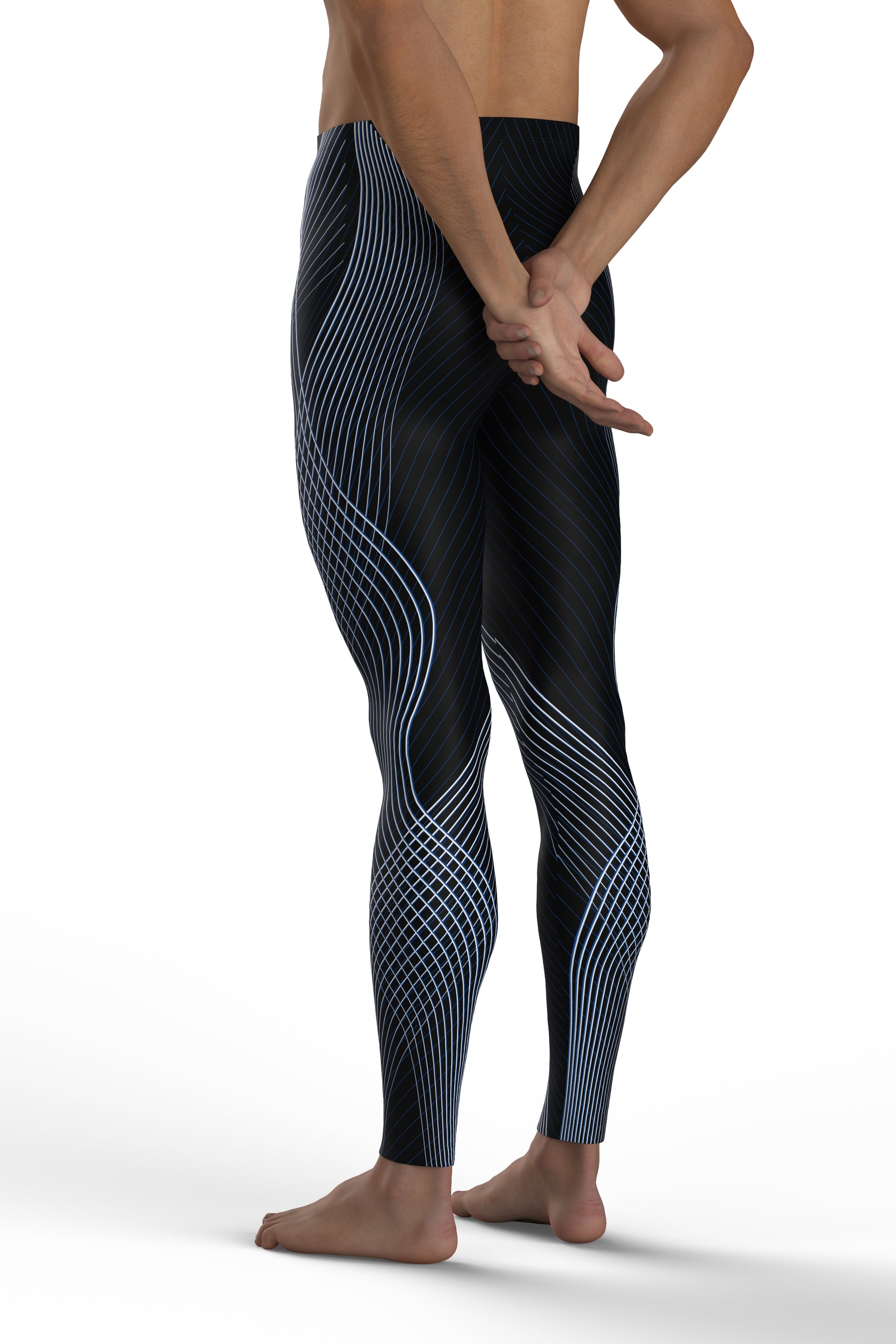 Black Flux Tights angled view - gradient blue wave print transitions seamlessly across performance fabric, designed for full range of motion.