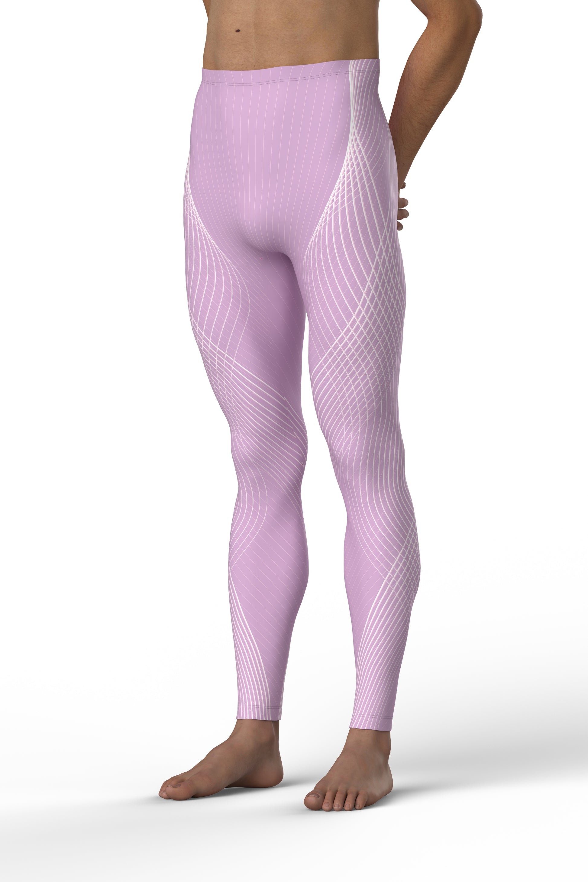The image shows a person wearing a pair of Keto Dancewear, Flux, high-waisted, form-fitting lilac leggings with a white geometric pattern. The leggings extend from the waist to the ankles and are displayed against a plain background.